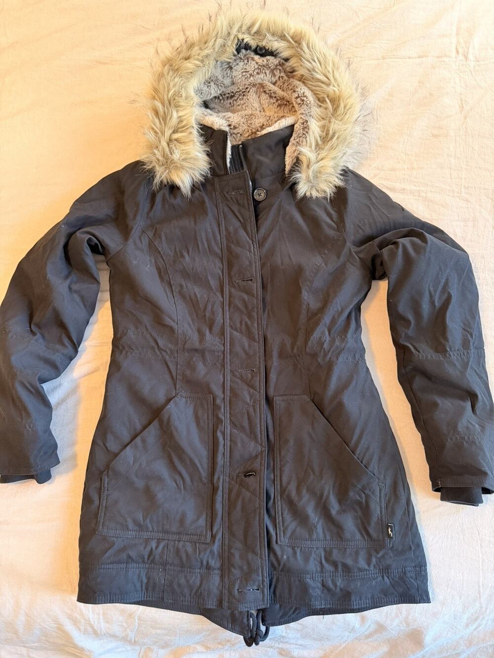 Hollister Faux Fur Lined Parka Jacket Fur Hood Winter Coat XS Black